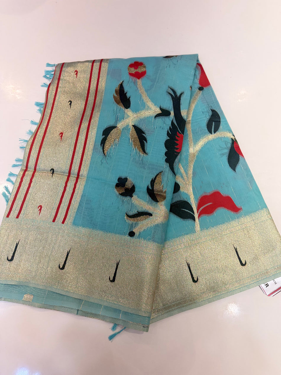 Bambo saree with meena work ( sky blue colour )
