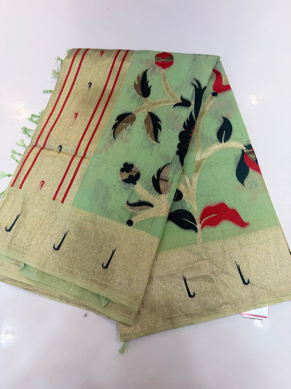 Bamboo saree with meena work(pista colour )